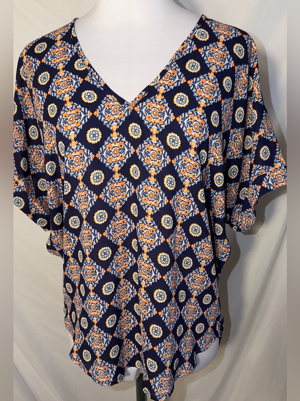 Lush Multicolor Blue, Orange, and White V-Neck Floral Print Blouse